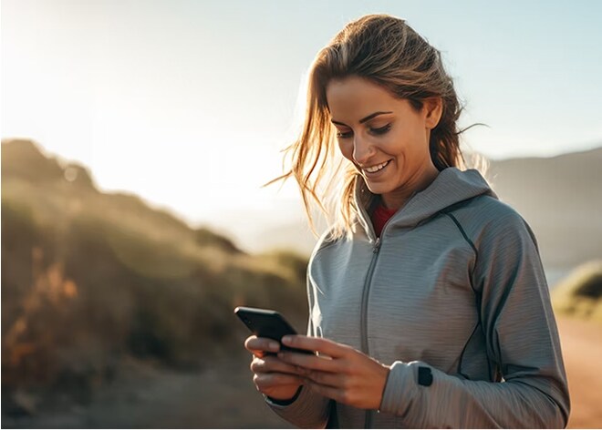 Mujer vestida de deporte consultando el móvil